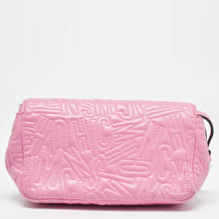 Pre Owned Moschino Pink Embroidered Leather Logo Crossbody Bag
