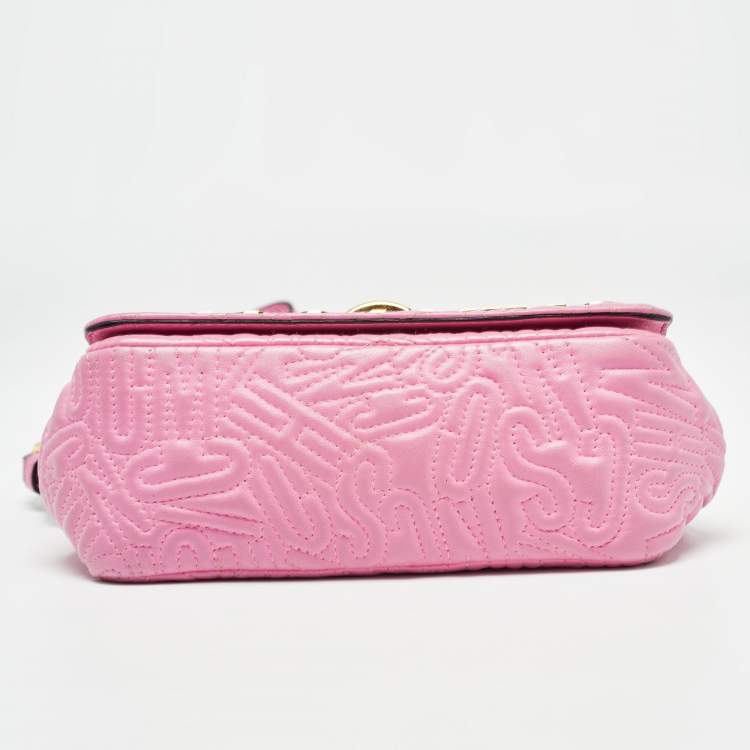 Pre Owned Moschino Pink Embroidered Leather Logo Crossbody Bag