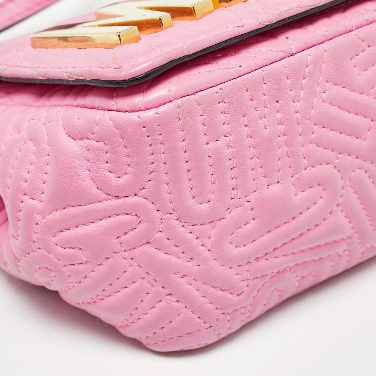 Pre Owned Moschino Pink Embroidered Leather Logo Crossbody Bag