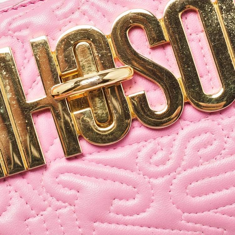 Pre Owned Moschino Pink Embroidered Leather Logo Crossbody Bag