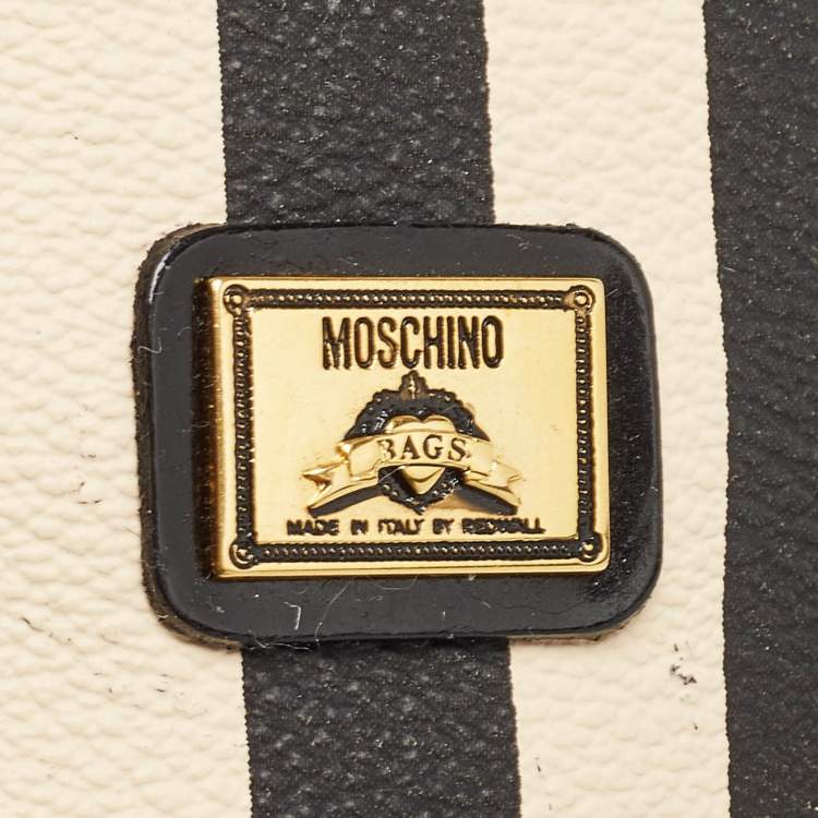 Pre Owned Moschino Black/Cream Coated Canvas Striped Mini Drawstring Backpack