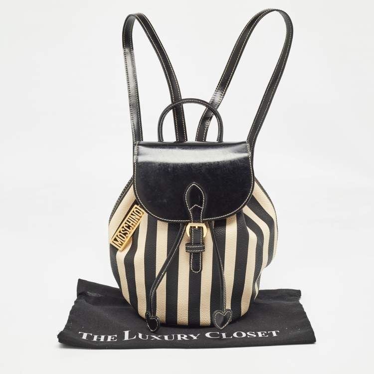 Pre Owned Moschino Black/Cream Coated Canvas Striped Mini Drawstring Backpack