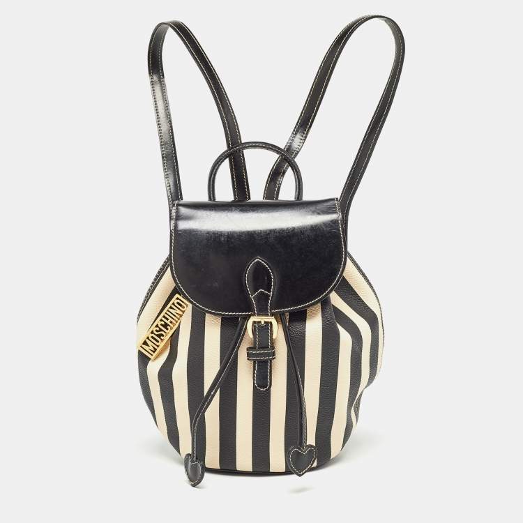 Moschino Black Cream Coated Canvas Striped Mini Drawstring Backpack Moschino The Luxury Closet