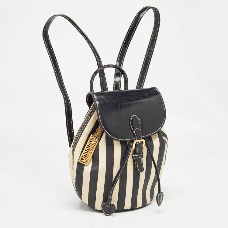 Pre Owned Moschino Black/Cream Coated Canvas Striped Mini Drawstring Backpack