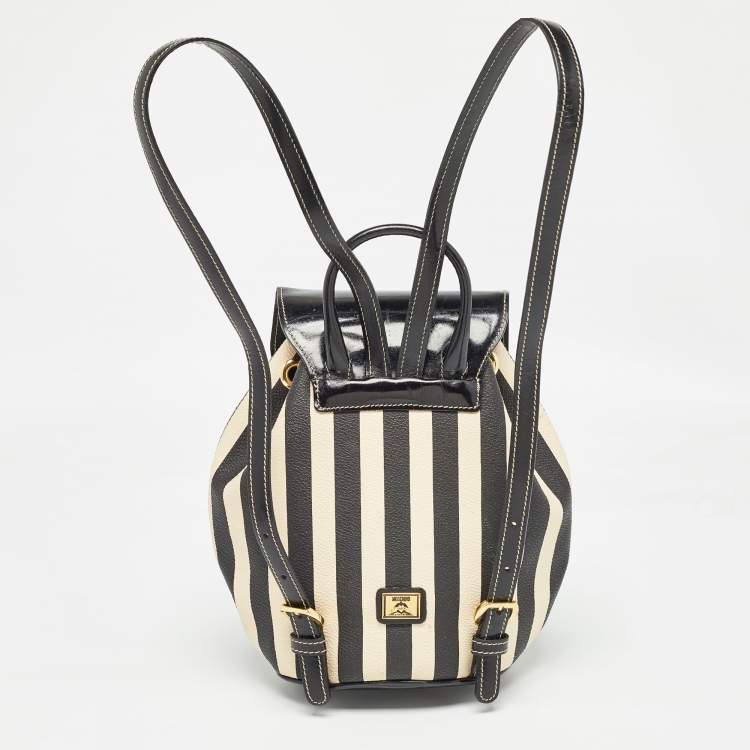 Pre Owned Moschino Black/Cream Coated Canvas Striped Mini Drawstring Backpack
