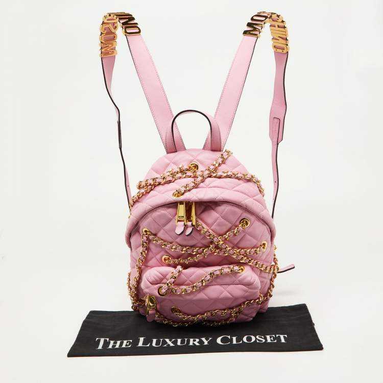 Pre Owned Moschino Pink Quilted Faux Leather Chain Link Backpack