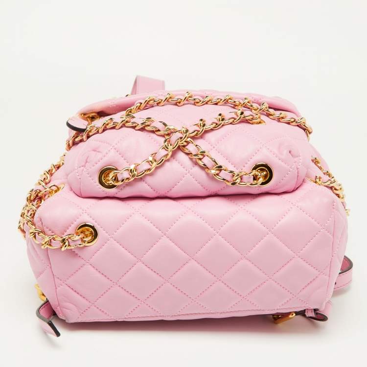 Pre Owned Moschino Pink Quilted Faux Leather Chain Link Backpack