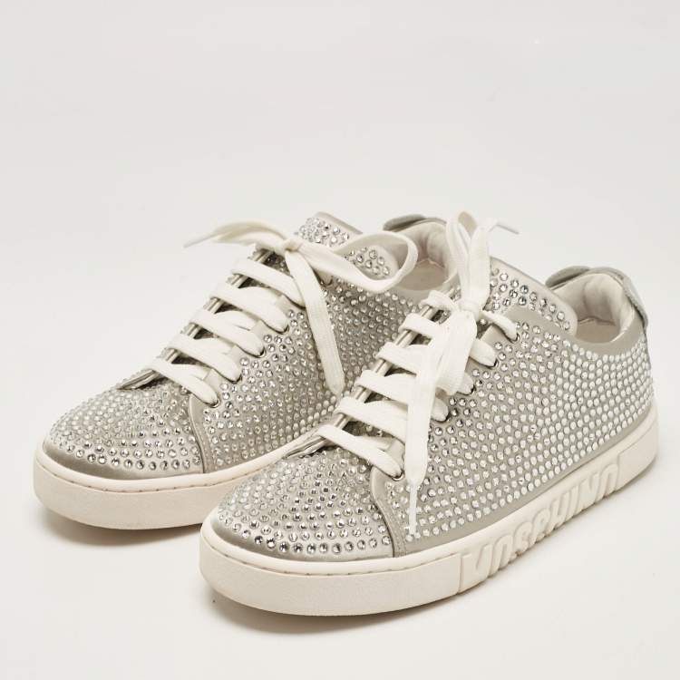 Moschino Grey Silver Crystal Embellished Satin and Leather Low Top Sneakers Size 38 Moschino TLC