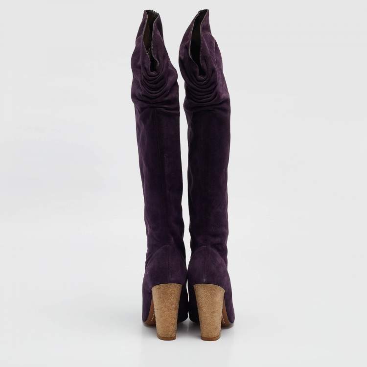 Pre Owned Moschino Purple Suede Knee Length Boots Size 38