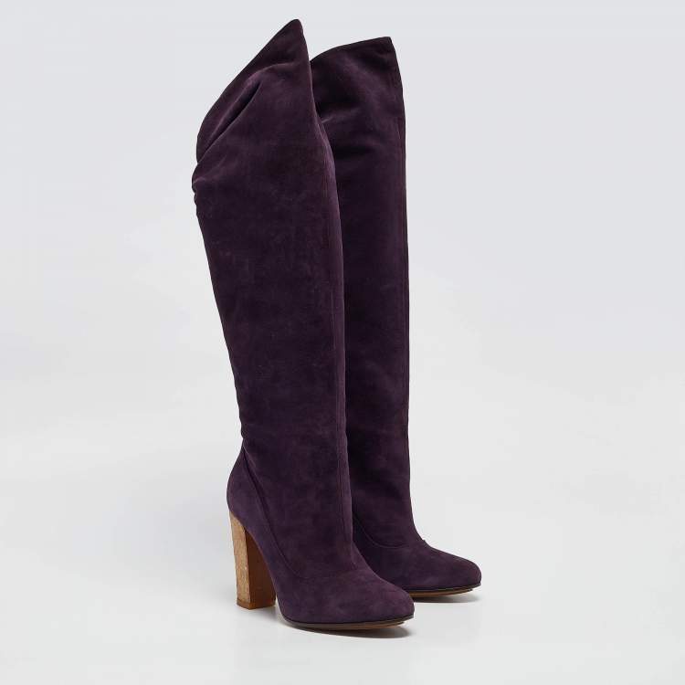 Pre Owned Moschino Purple Suede Knee Length Boots Size 38