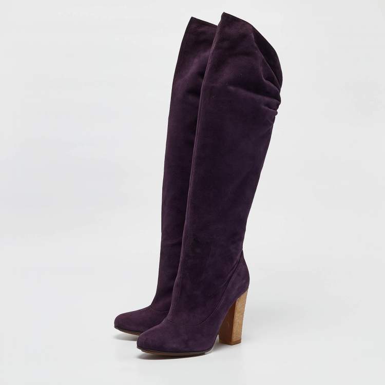 Pre Owned Moschino Purple Suede Knee Length Boots Size 38