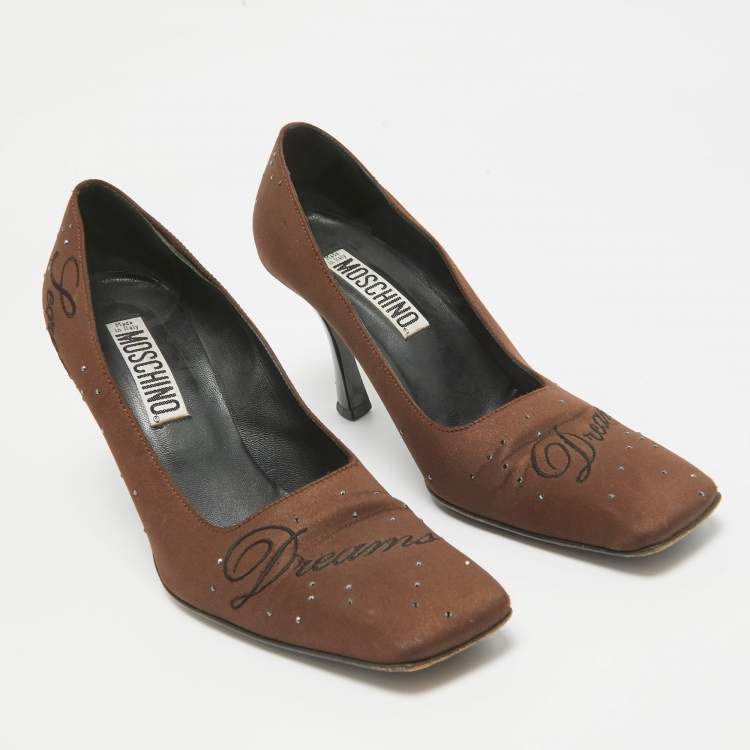 Pre Owned Moschino Brown Satin Square Toe Pumps Size 38.5
