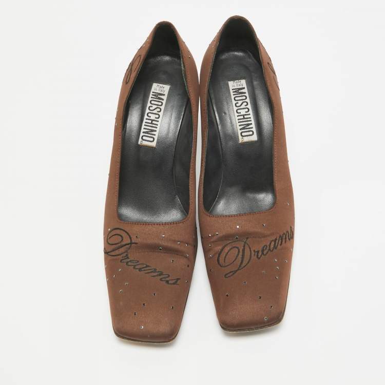 Pre Owned Moschino Brown Satin Square Toe Pumps Size 38.5