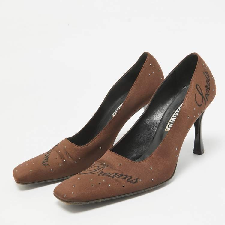 Pre Owned Moschino Brown Satin Square Toe Pumps Size 38.5