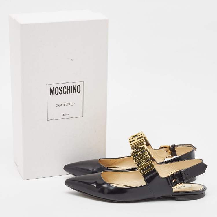 Pre Owned Moschino Black Leather Classic Logo Slingback Flats Size 37