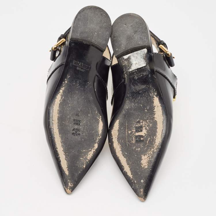 Pre Owned Moschino Black Leather Classic Logo Slingback Flats Size 37