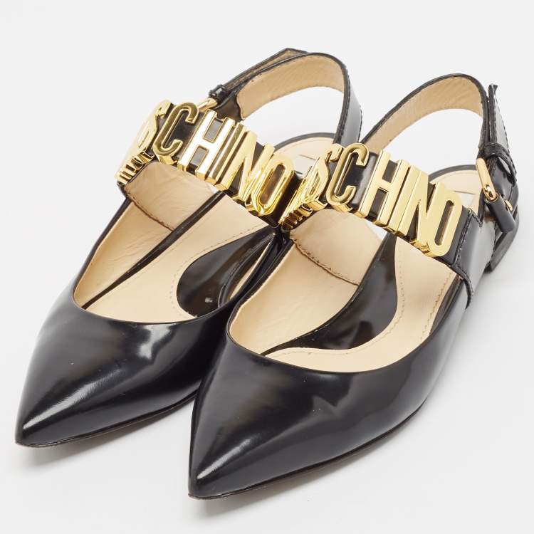 Pre Owned Moschino Black Leather Classic Logo Slingback Flats Size 37