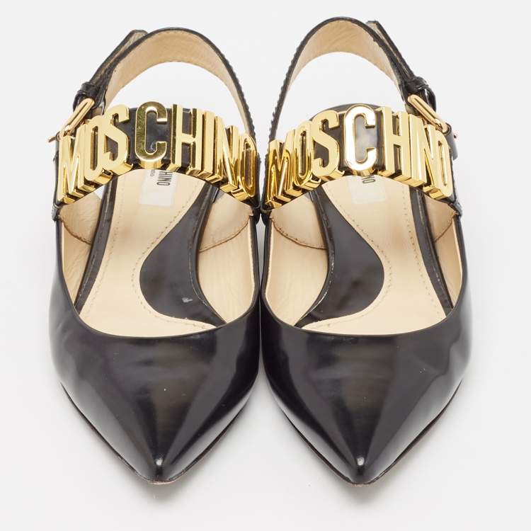 Pre Owned Moschino Black Leather Classic Logo Slingback Flats Size 37