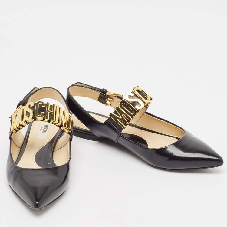 Pre Owned Moschino Black Leather Classic Logo Slingback Flats Size 37