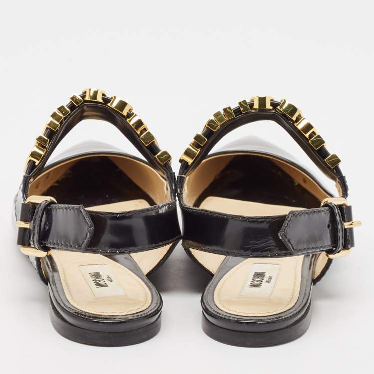 Pre Owned Moschino Black Leather Classic Logo Slingback Flats Size 37