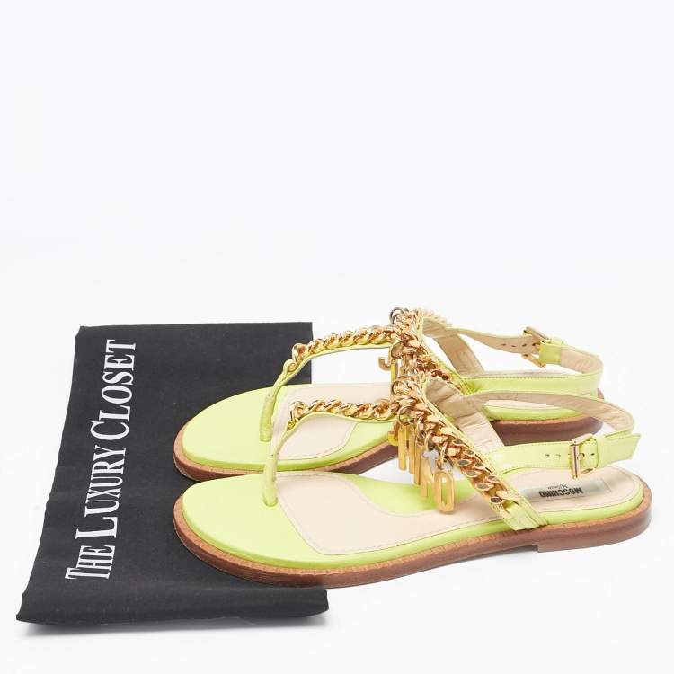 Pre Owned Moschino Green Leather Chain Embellished Slingback Sandals Size 36