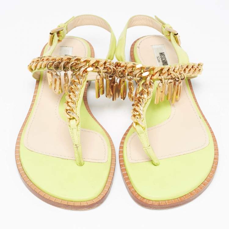Pre Owned Moschino Green Leather Chain Embellished Slingback Sandals Size 36