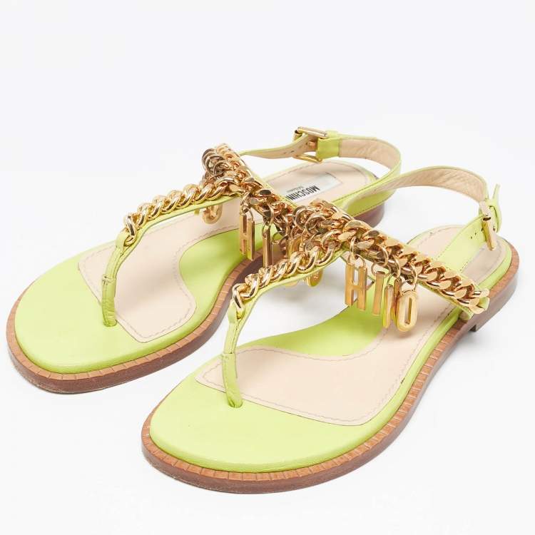Pre Owned Moschino Green Leather Chain Embellished Slingback Sandals Size 36
