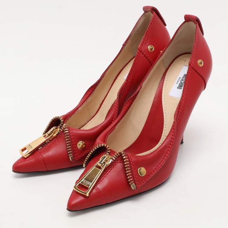 Pre Owned Moschino Red Leather Biker Pumps Size 39