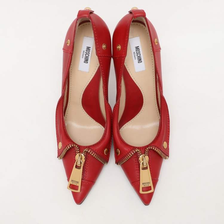Pre Owned Moschino Red Leather Biker Pumps Size 39