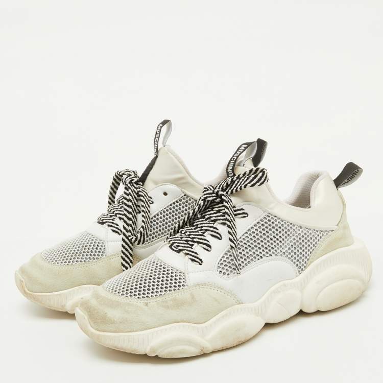 Pre Owned Moschino White Leather and Mesh Teddy Run Low Top Sneakers Size 37