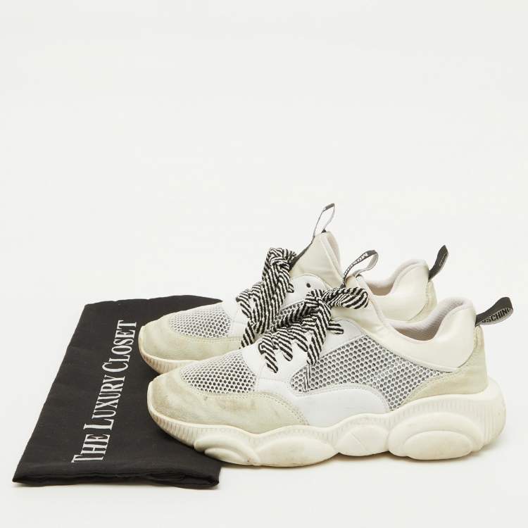 Pre Owned Moschino White Leather and Mesh Teddy Run Low Top Sneakers Size 37