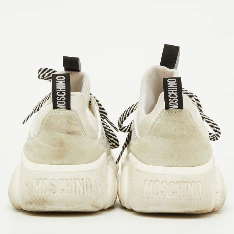 Pre Owned Moschino White Leather and Mesh Teddy Run Low Top Sneakers Size 37