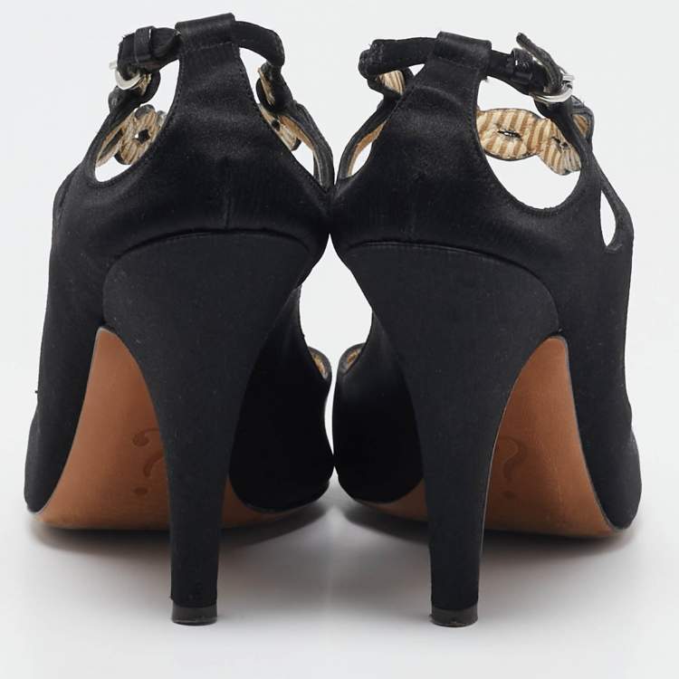 Pre Owned Moschino Black Satin Ankle Strap Sandals Size 36.5