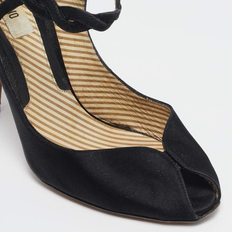 Pre Owned Moschino Black Satin Ankle Strap Sandals Size 36.5