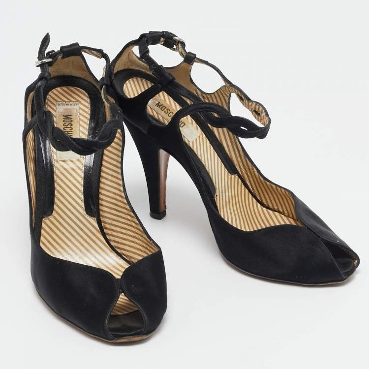 Pre Owned Moschino Black Satin Ankle Strap Sandals Size 36.5