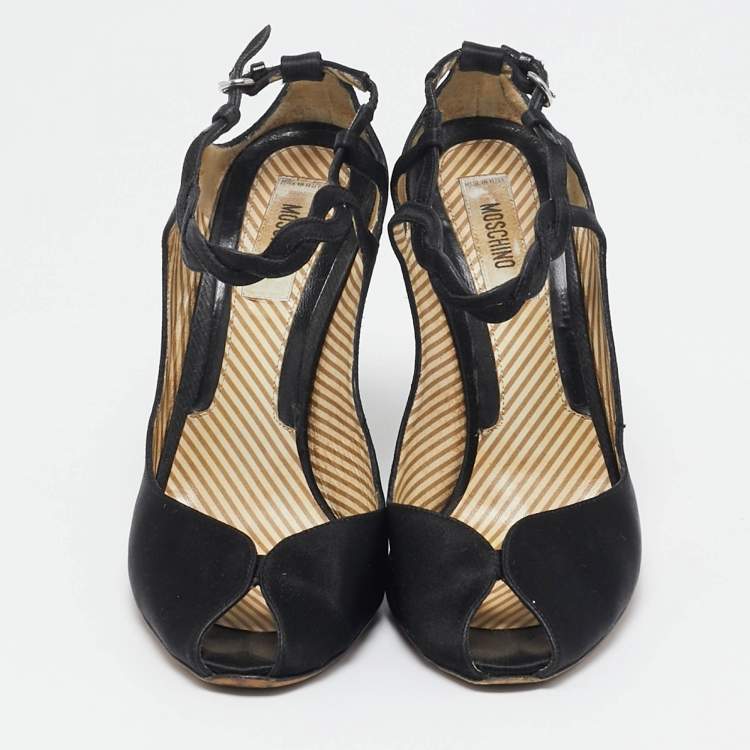 Pre Owned Moschino Black Satin Ankle Strap Sandals Size 36.5