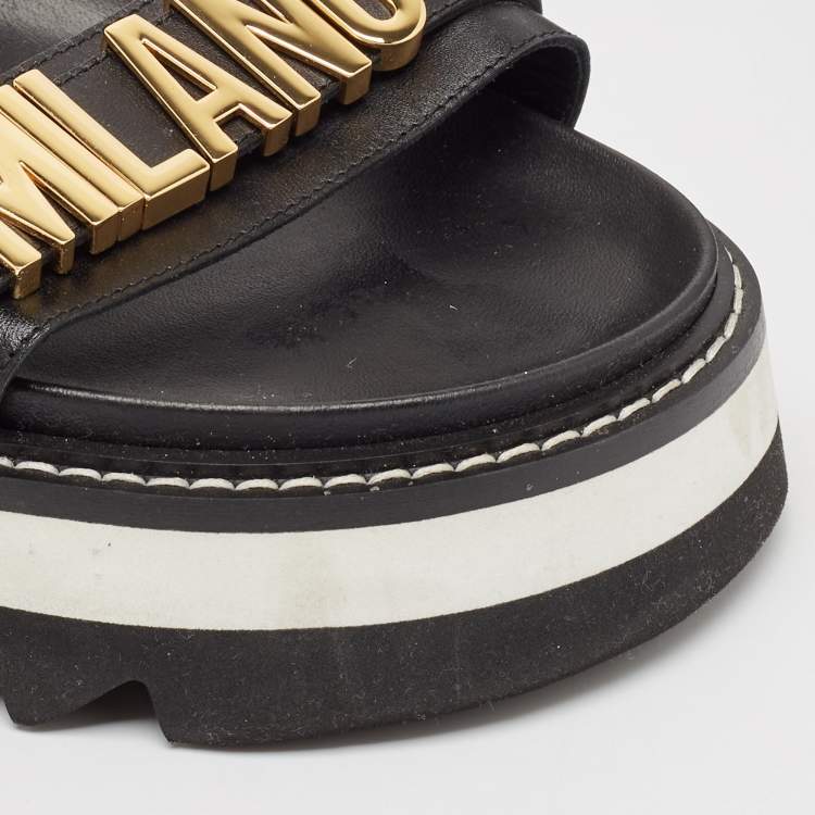 Pre Owned Moschino Black Leather Logo plaque Slingback Sandals Size 43