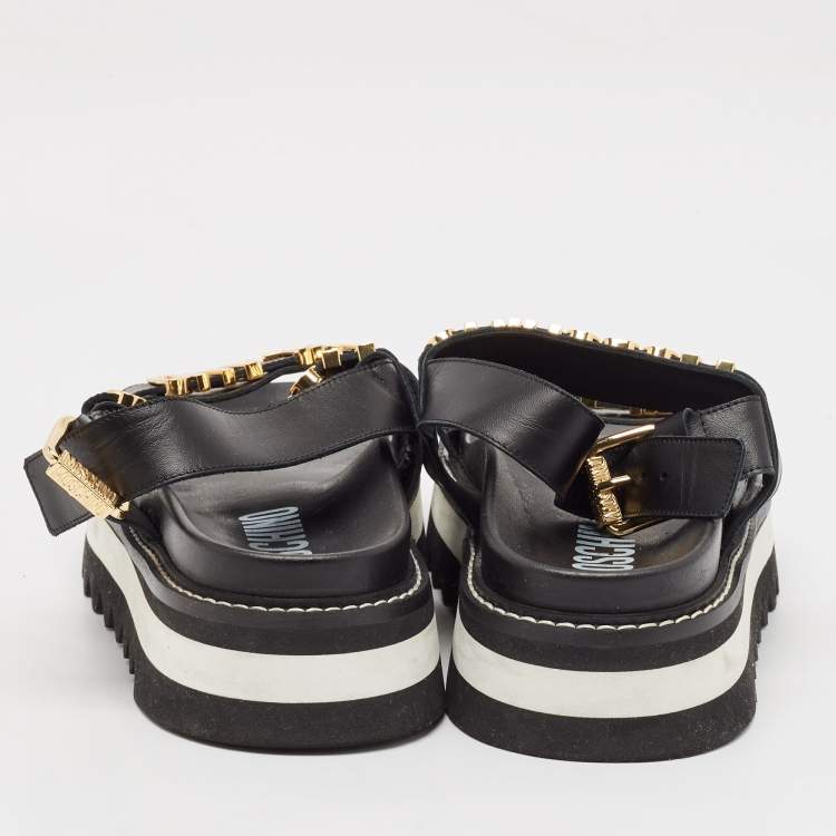 Pre Owned Moschino Black Leather Logo plaque Slingback Sandals Size 43