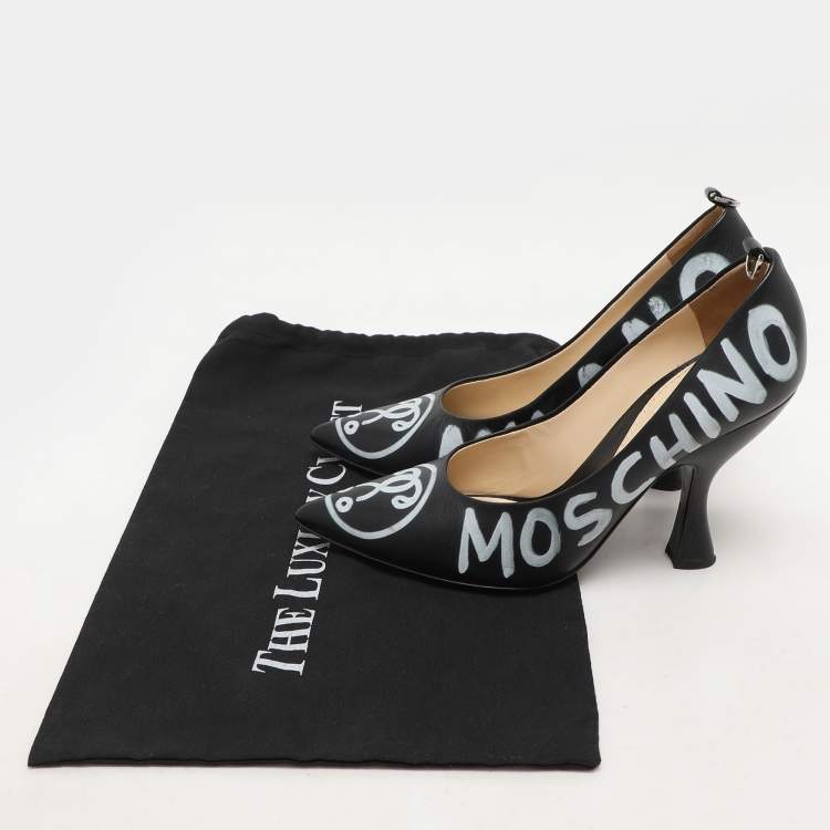 Pre Owned Moschino Black Leather Logo Print Pumps Size 38