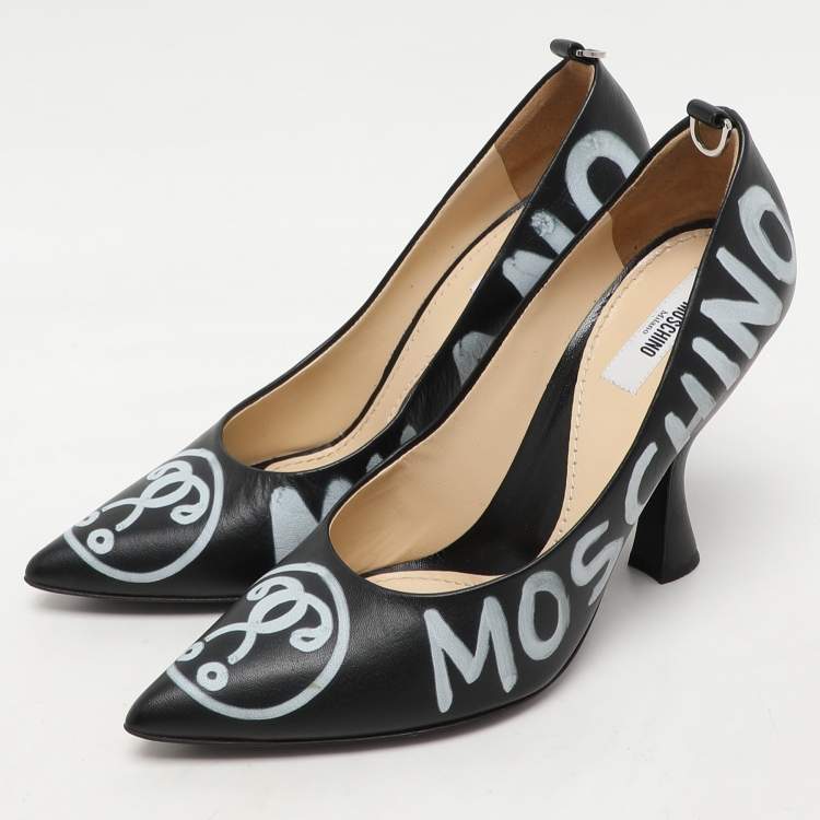 Pre Owned Moschino Black Leather Logo Print Pumps Size 38