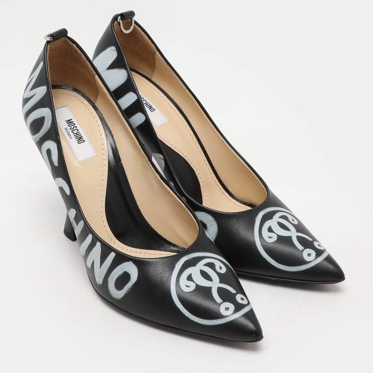 Pre Owned Moschino Black Leather Logo Print Pumps Size 38