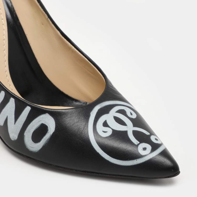 Pre Owned Moschino Black Leather Logo Print Pumps Size 38