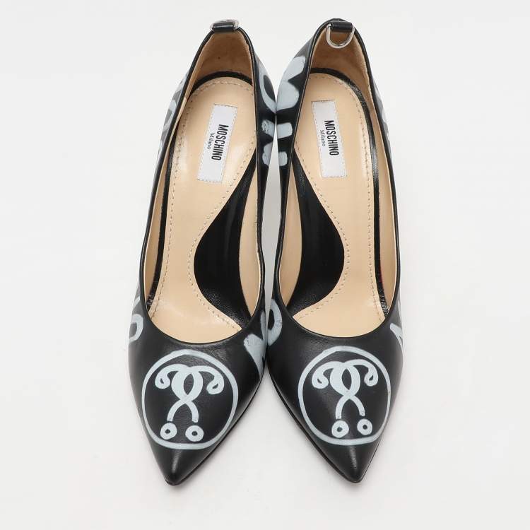 Pre Owned Moschino Black Leather Logo Print Pumps Size 38
