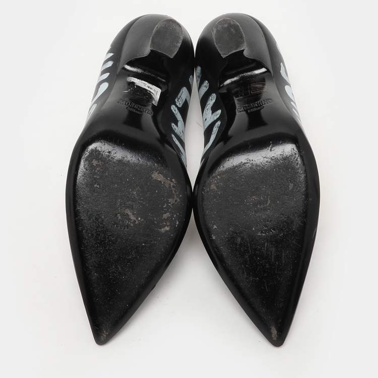 Pre Owned Moschino Black Leather Logo Print Pumps Size 38