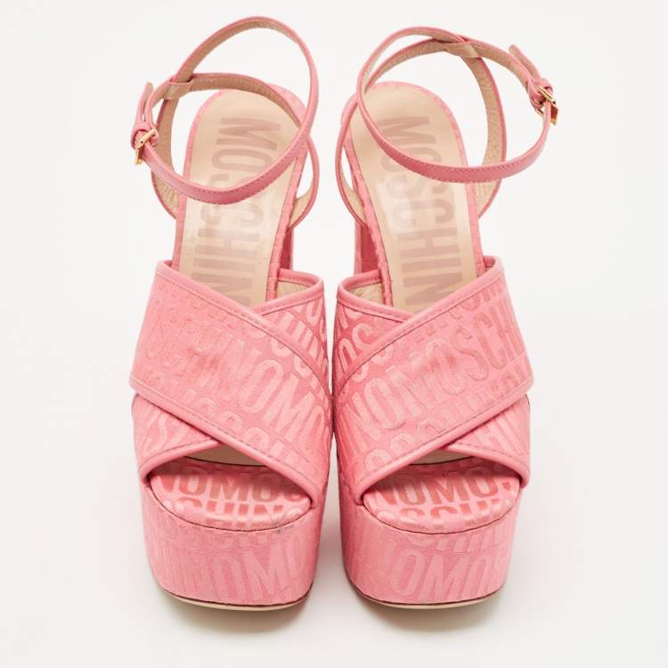 Pre Owned Moschino Pink Fabric Logo Cross Strap Platform Sandals Size 37