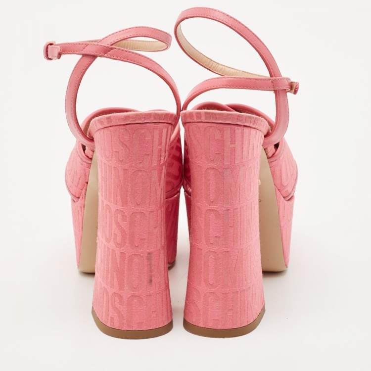 Pre Owned Moschino Pink Fabric Logo Cross Strap Platform Sandals Size 37