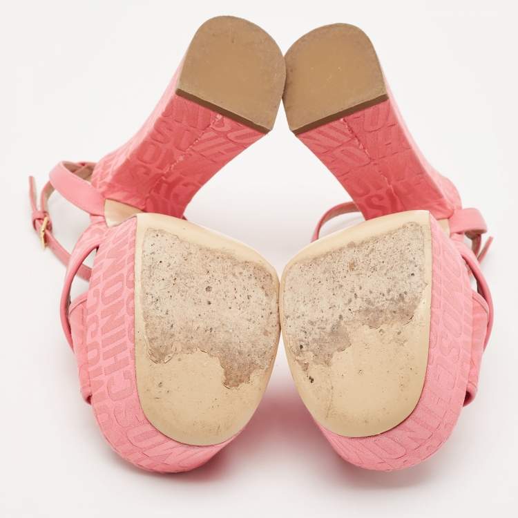 Pre Owned Moschino Pink Fabric Logo Cross Strap Platform Sandals Size 37