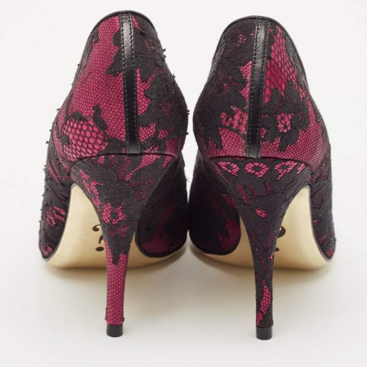 Pre Owned Moschino Black/Purple Lace and Mesh Pointed Toe Pumps Size 38