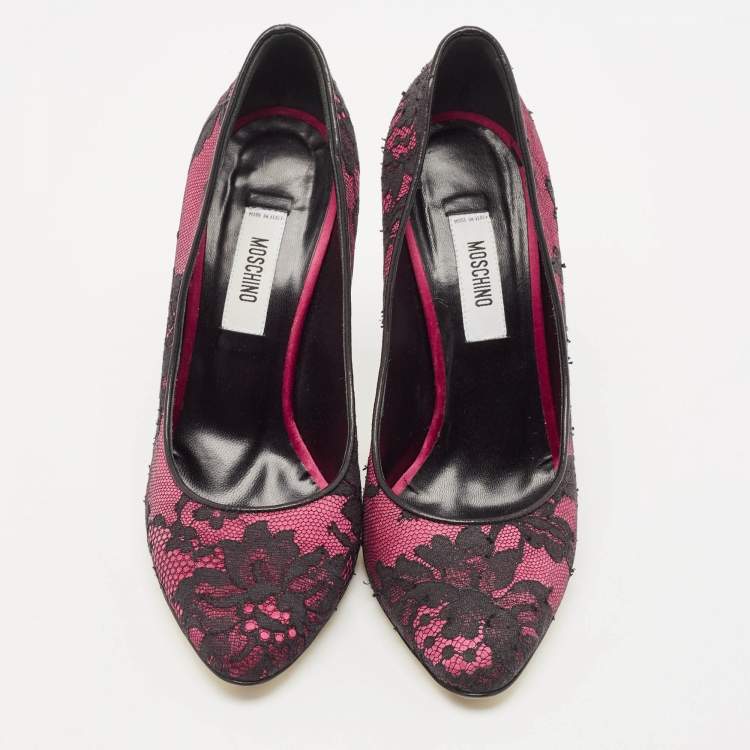 Pre Owned Moschino Black/Purple Lace and Mesh Pointed Toe Pumps Size 38