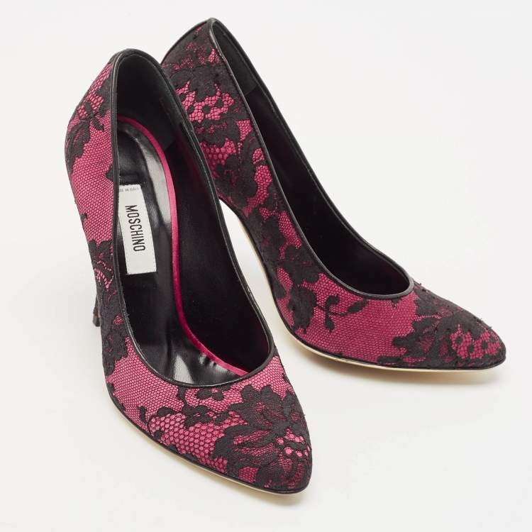 Pre Owned Moschino Black/Purple Lace and Mesh Pointed Toe Pumps Size 38
